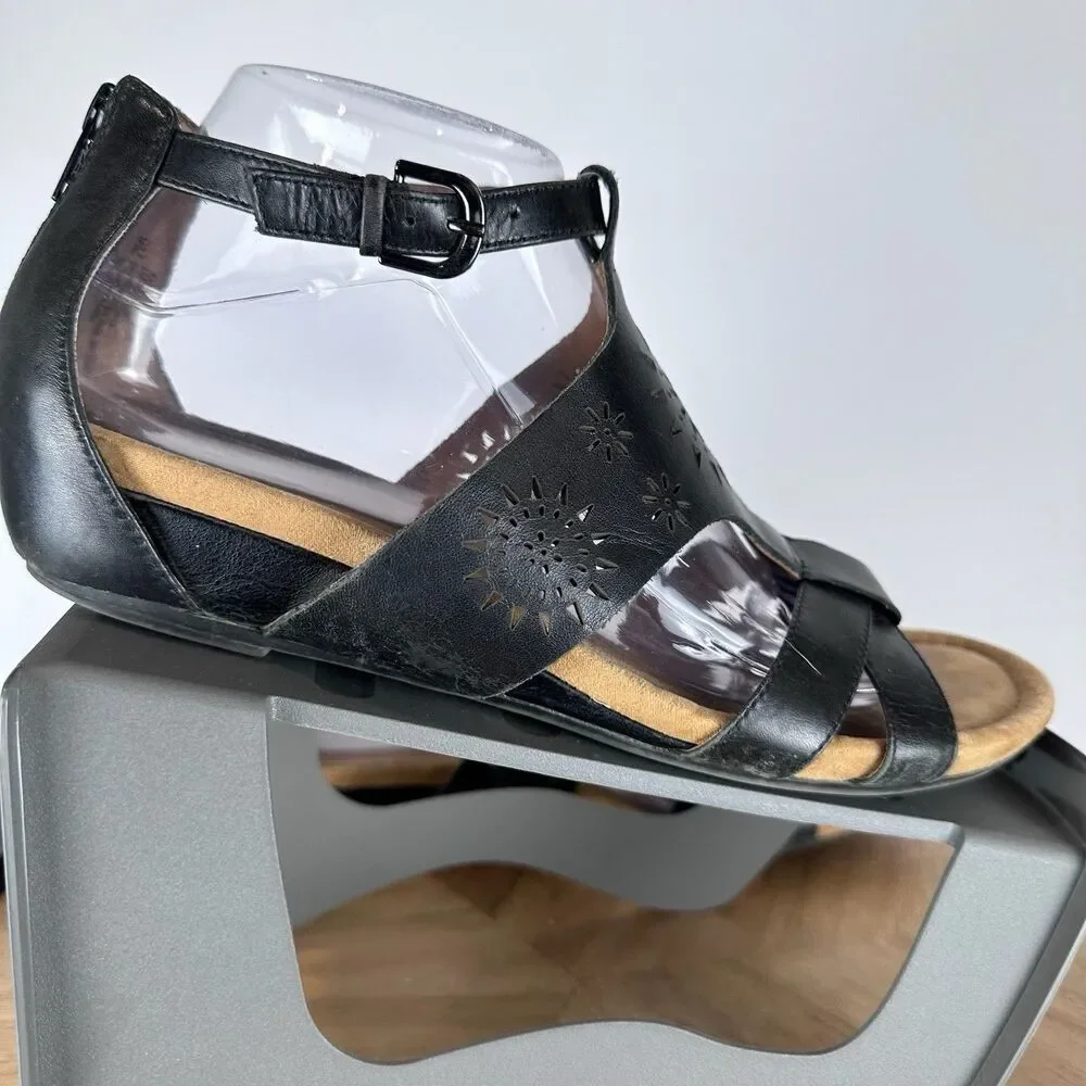 Comfortiva Womens Black Leather Ankle Strap 9M Comfort Sandal Sun Boho Y2K